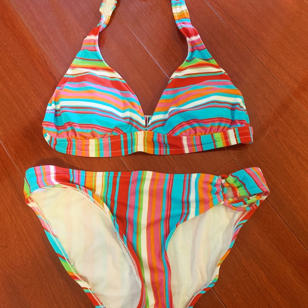 cute colorful rainbow stripe halter top bikini | M
